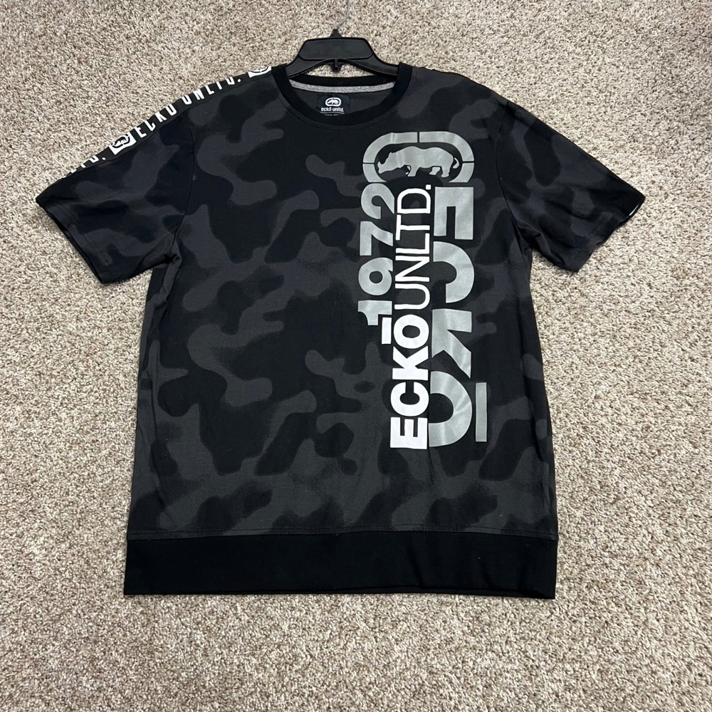 Ecko Unltd Mens Camo Graphic T-Shirt Black Grey Large Streetwear Rhino Logo